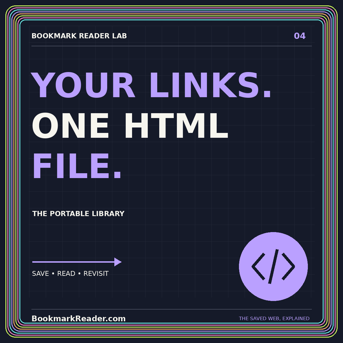 YOUR LINKS. ONE HTML FILE. — The portable library — BookmarkReader.com neon typography card